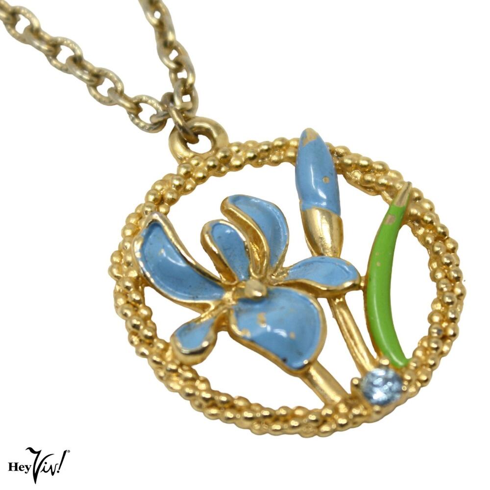 Vintage Blue Enamel Iris Flower Pendant Necklace Gold Tone 24" Chain - Hey Viv